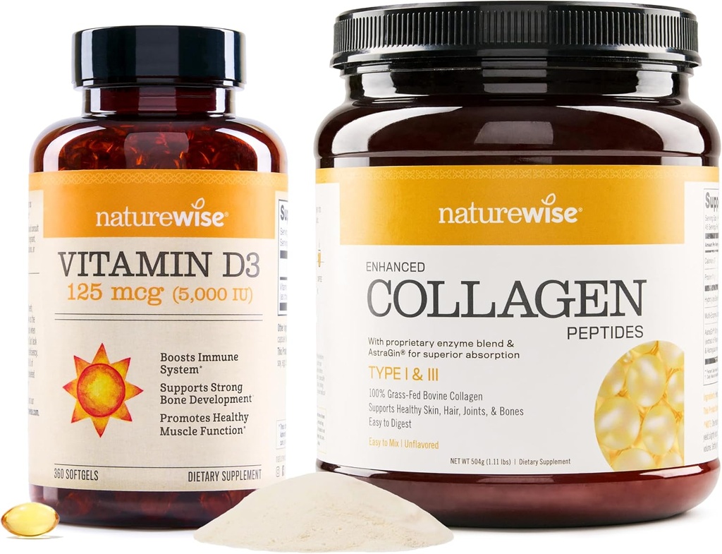 NatureWise Vitamina D3 5000iu (125 mcg) 1 año de suministro para la función muscular saludable Peptides colágenos mejorados (45 piezas) - Hidrolyzed Tipo I & III