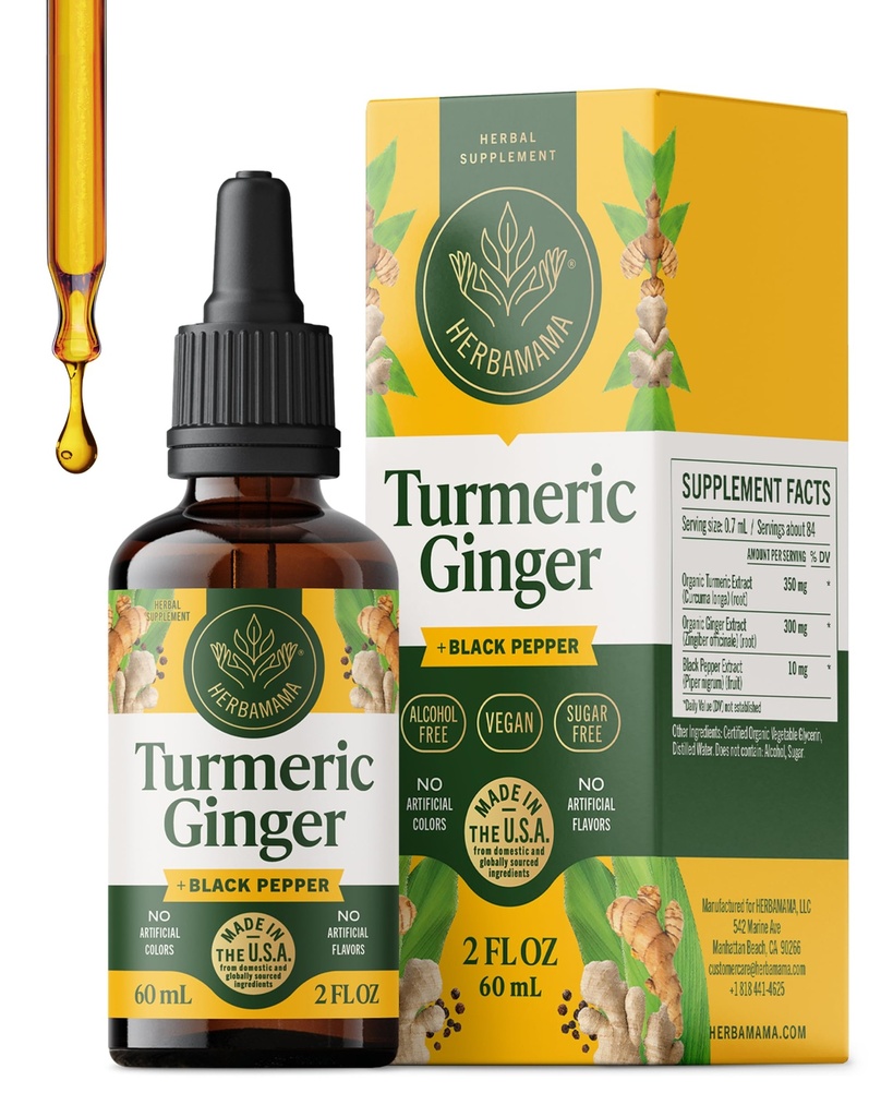 HERBAMAMA Curcumina Turmérica y Ginger Suplemento - Vegan Immune Blend with Liquid Ginger Root,Turmeric " Black Pepper Extract - Non-GMO, Alcohol " Sugar-Free Immunity Drops