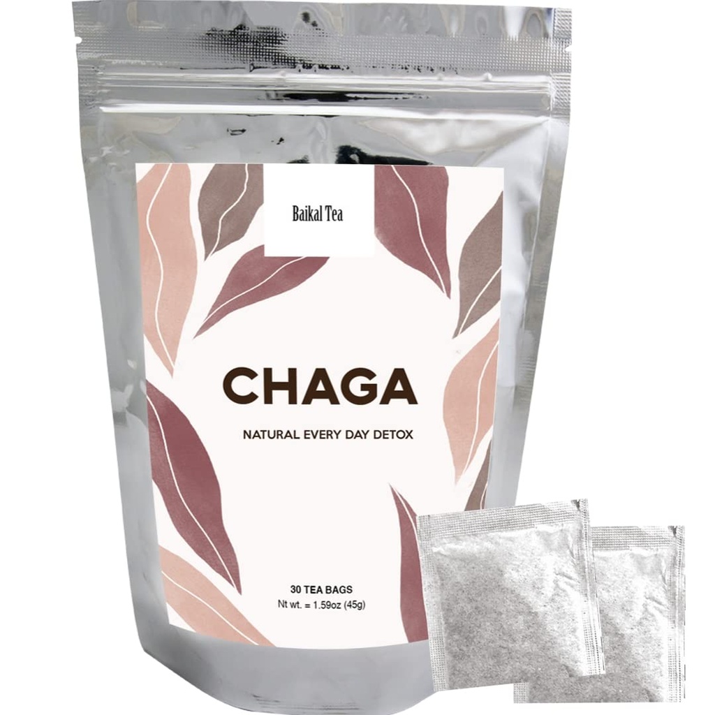 Chaga Tea - 100% Wild Siberian Birch Chaga Mushroom - Orgánico - 30 Bolsas de té sin blanquear - Pura No Aditivos - Detox natural y soporte digestivo - Mano-Picked by Baikal Tea