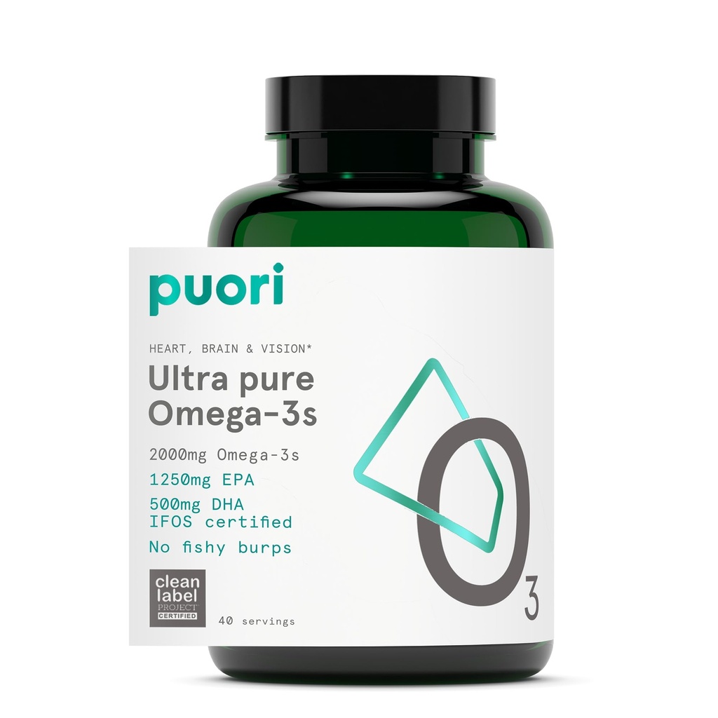 Puori Omega 3 Fish Oil Supplement - Ultra Pure &amp; Burpless Wild Caught Fish Oil with 2000mg Omega 3 Fatty Acids,1250mg EPA & 500mg DHA Supports Heart, Brain & Eye Health - IFOS Certified - 120 Softgels