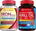 Recetas del médico Iron Bisglycinate & Krill Oil Bundle, Blood & Energy Support, Joint, Brain and Eye Health Support, No Gluten, Probiotics (60 Capsules) & Krill Oil (60 Softgels)
