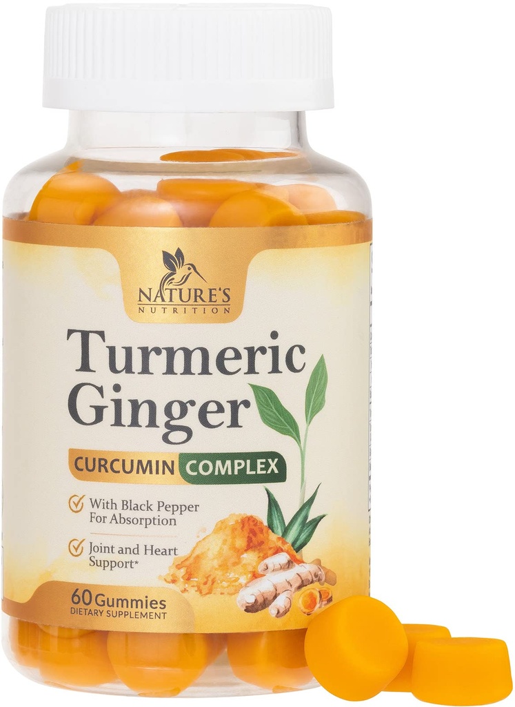 Curcumin Turmeric Suplemento Gummies - 95% Curcuminoides con Turmeric " Ginger, Pepper Negro para la mejor absorción, Apoyo Conjunto Vegano de la Naturaleza, No GMO, Gluten Free, Tasty Peach Flavor - 60 Gummies