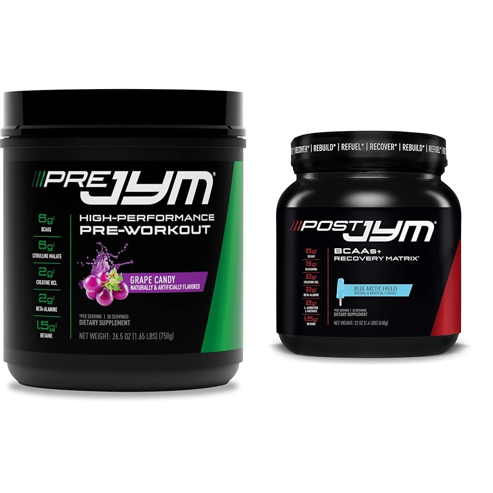 Pre JYM Grape Candy Pre Workout, Post JYM Active Matrix Post-Workout with BCAAs, Creatine HCI, Beta-Alanine ← 30 Sirve cada uno