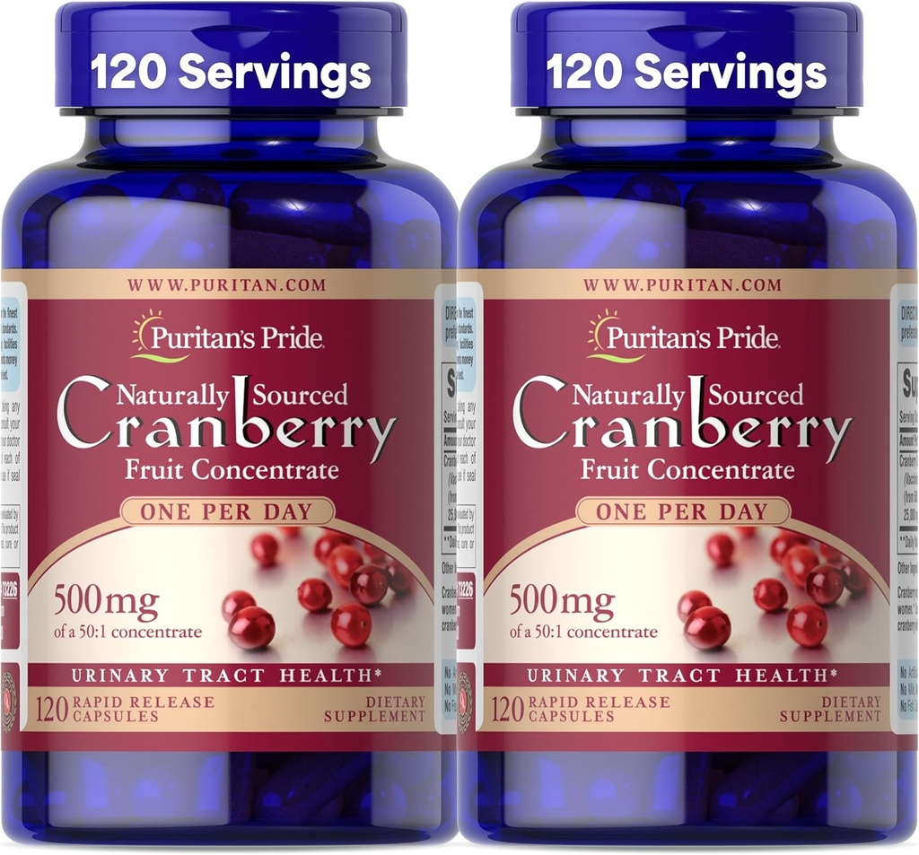Puritan's Pride Naturally Sourced Cranberry One Por Day Fruit Concentrate 500mg, 50:1 Dietary Supplement for Urinary Tract Support, 4 Month Supply, 120 Rapid Release Capsules, 2 Pack