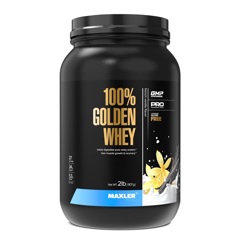 Maxler 100% Golden Whey Protein - 24g de Proteína por Servir - Premium Whey Protein Powder para Pre Post Workout - Fast-Absorbing Whey Concentrate Isolate Hydrolysate Blend - French Vanilla Protein 2lb
