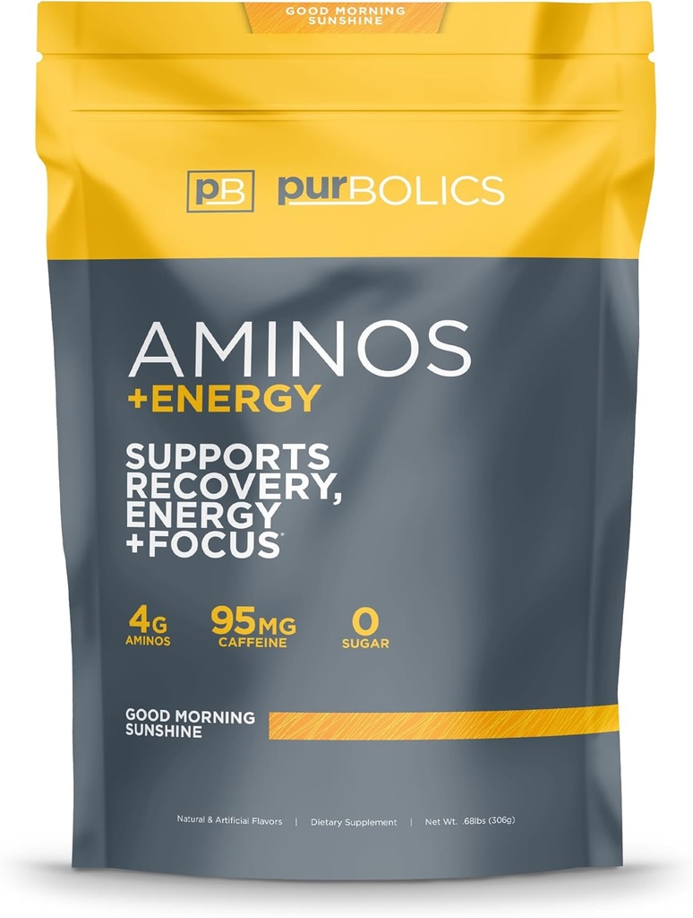 Purbolics Aminos + Energy ¦ apoya la recuperación, la energía y el foco  durable 95mg de Caffeine, 0 Azúcar & 60 servidos (Good Morning Sunshine)