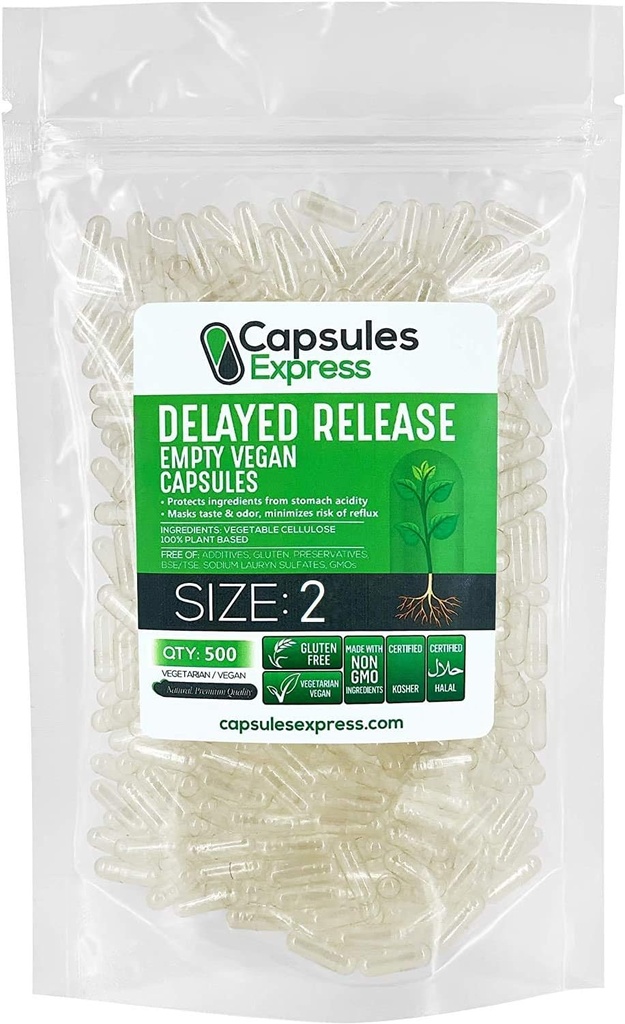 XPRS Nutra Delayed Release Size 2 Empty Capsules - 500 Count Clear Empty Vegan Capsules - Fillable Vegetarian Pills - DIY Relleno de cápsulas vegetales - Veggie Gel Caps for Do-It-youself Suplementos