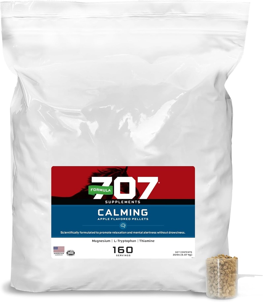 Fórmula 707 Calming Equine Suplemento 20LB Bolsa – 160 Servimientos – Alivio de ansiedad y foco mejorado para caballos – L-Tryptophan, Thiamine &amp; Magnesium