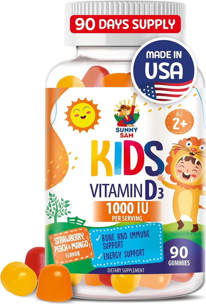 SUNNY SAM Vitamina D3 Gummies 1000 UI para Adultos Niños - Mandíbula de apoyo con sabor natural - Vegetariano, Gelatin-Free Immune Support Vitaminas para Niños