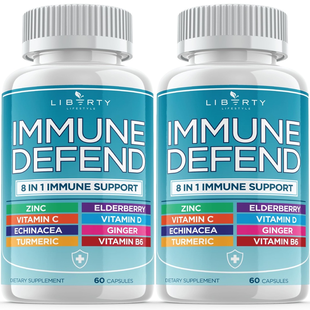 8 en 1 Apoyo de Defensa Inmune, Vitaminas Inmunitarias Suplemento Booster con zinc 50mg, vitamina C Elderberry Vit D3 5000 UI, Turmérica Curcumin &amp; Ginger, Echinacea - Alivio de Alergia para Adultos Niños (2 Pack)