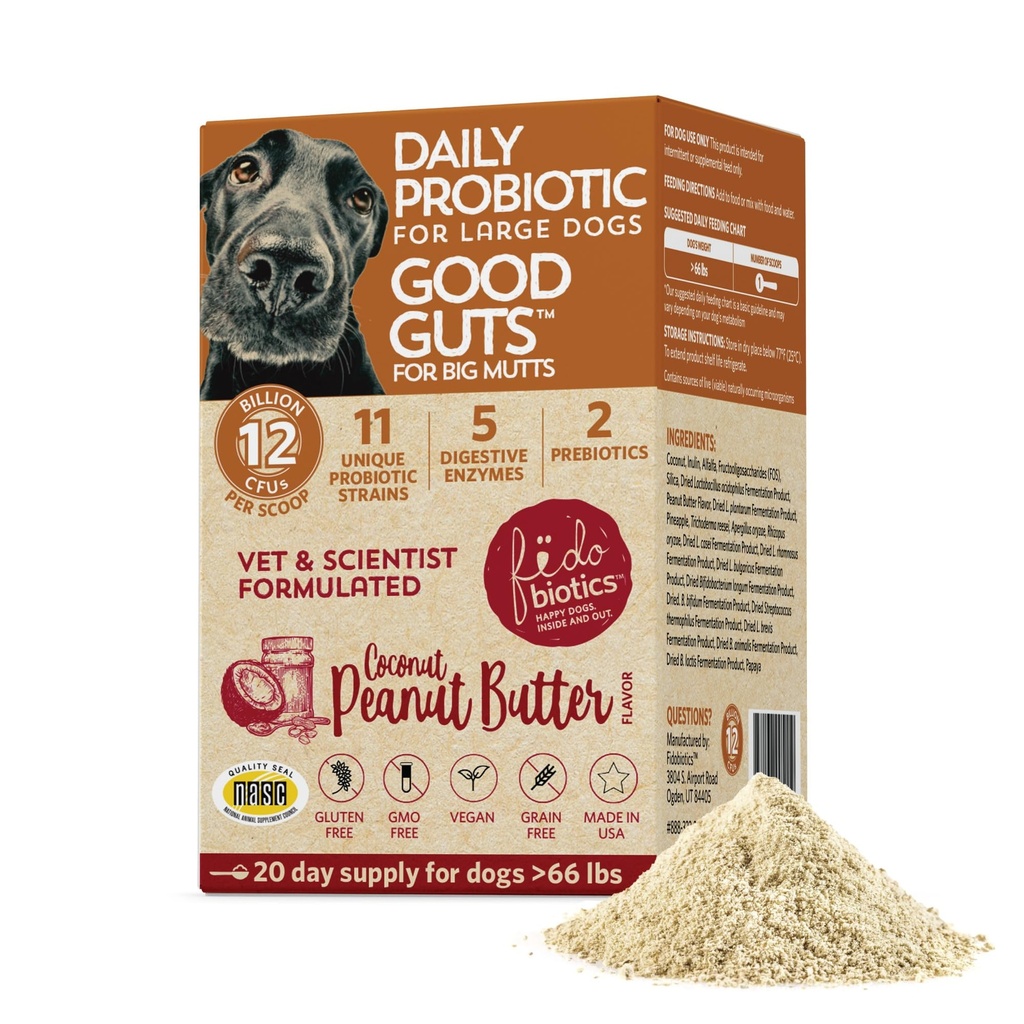 Fidobióticos Buena Guts for Big Mutts Probiótico for Dogs, 12 Billion CFUs, 11 Strains, 5 Enzymes Digestivos, 2 Prebióticos, Digestive Gut Health for Dogs, Adult &amp; Puppy Probiotics Supplements (20 Days)