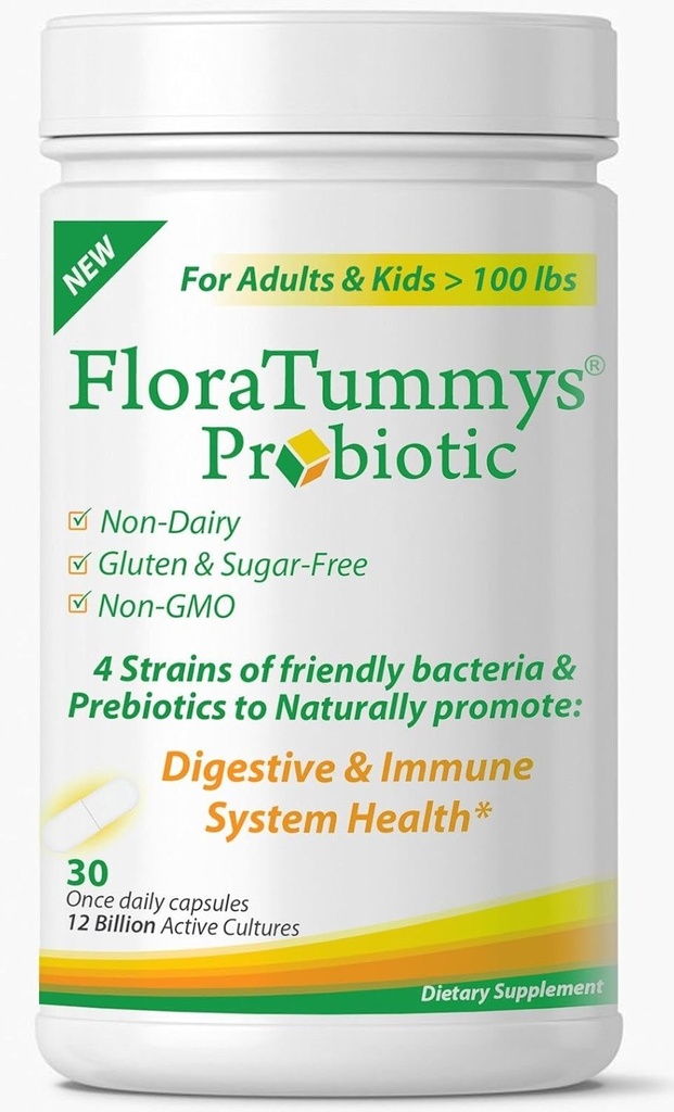 FloraTummys Mejor Probiótico para Mujeres, Hombres y Niños. 12 Billones CFU, 4 Strains Probióticos, Prebióticos, No-GMO, Kosher, No-Dairy, Gluten Free, Sugar Free, Made in The USA