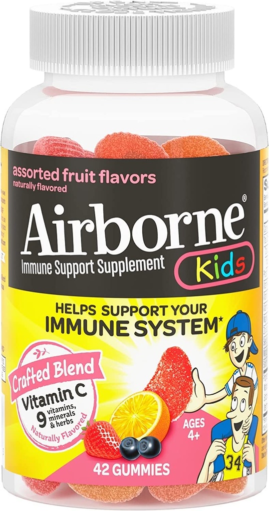 Airborne 500mg Vitamina C + Zinc Immune Support Suplemento Gummies for Kids, Assorted Fruit Flavor, Gluten Free Crafted Blend with Powerful Antioxidants Vitaminas C &amp; E, 42 Gummies (2 Pack)