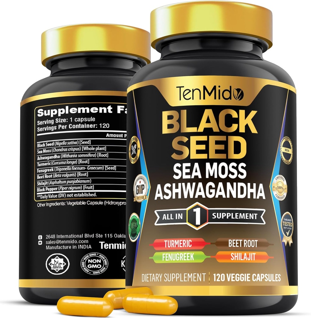 Suplemento orgánico de semillas negras - 8in1 Fórmula - Combinar con Moss Marítimo, Ashwagandha, Turmérico, Fenugreek, Beet Root, Shilajit y Black Pepper - 120 cápsulas Vegan para 4 meses de suministro