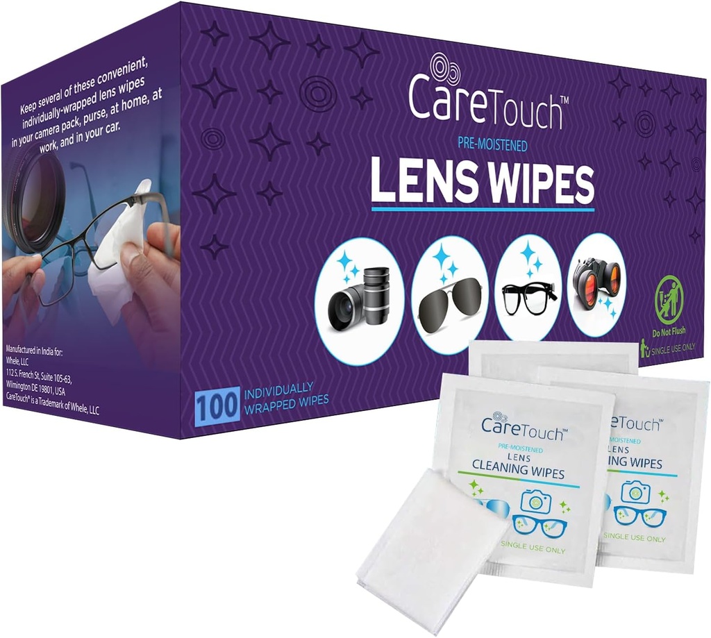 Care Touch Lens Wipes for Eyeglasses- 100 Cuenta Individualmente Wrapped Pre- Moistened Wipes, 5 x 6 Inch- Camera Lens, Sunglasses y Glasses Cleaner,- Gentle and Portable for Cleaning of Optical Devices