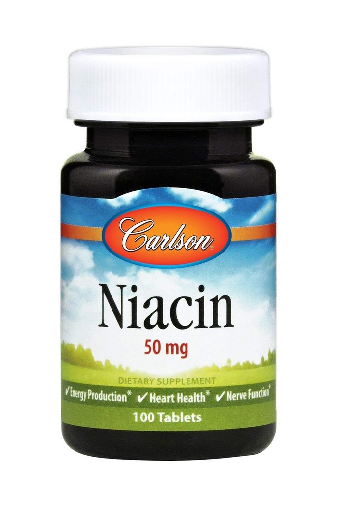 Carlson - Niacin, 50 mg, apoya el metabolismo del colesterol, producción de energía, salud cardíaca, función nerviosa, 100 tabletas