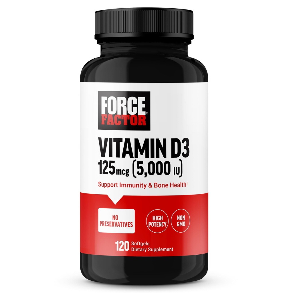 FORCE FACTOR Vitamina D3 5000 U Softgels, Suplemento de vitamina D de alta potencia para apoyar la inmunidad y la salud ósea, calidad premium, sin preservadores, 120 Softgels