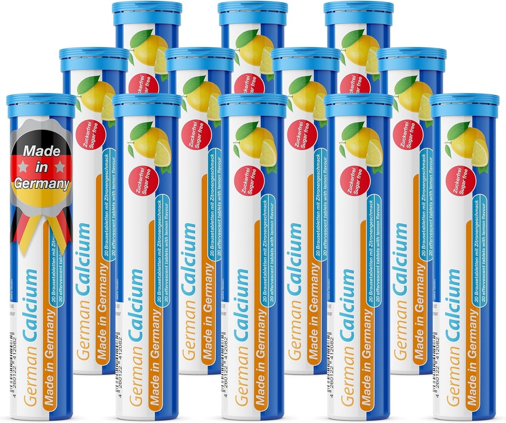 T CUMPL Calcio alemán 500 mg - 240 Tablas de Efervescente de Bebida Vegan - Sabor de limón - Hecho en Alemania