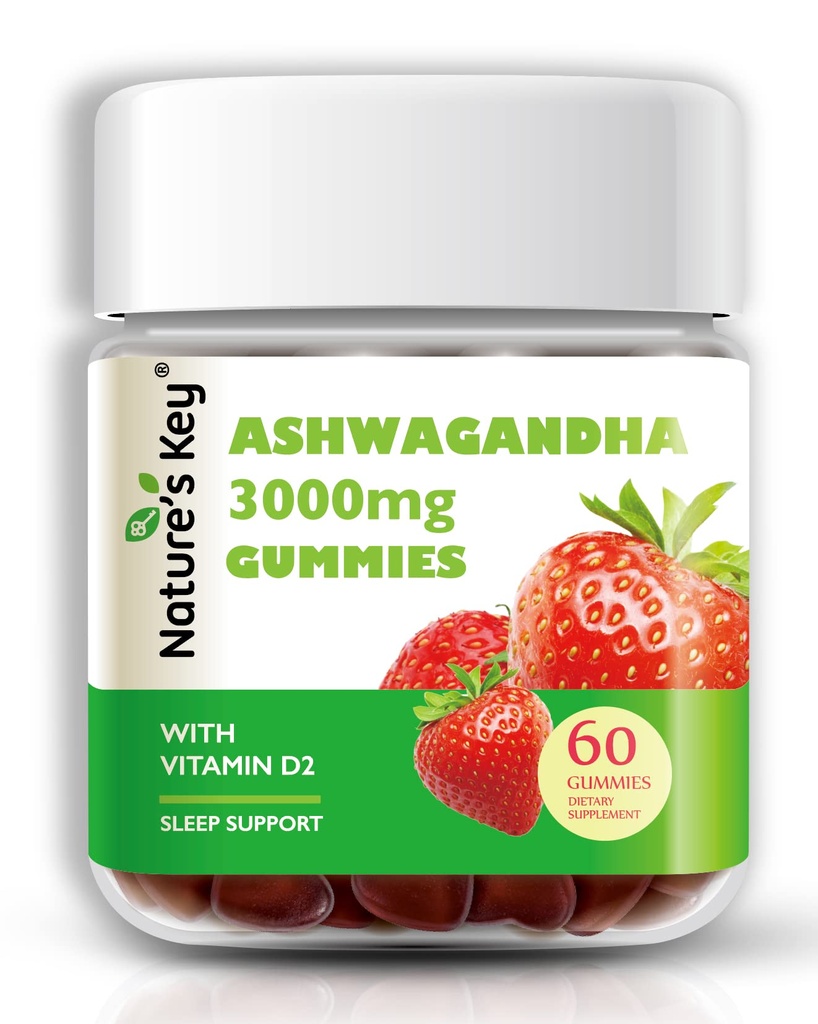 La clave de la naturaleza Ashwagandha Gummies, 3000mg High Potency Ashwagandha Root Extracto con Vitamin D2, Stress, Calm Mood & Cognition, for Men &amp; Women, Strawberry Flavor (60 Cuenta (Pack of 1)