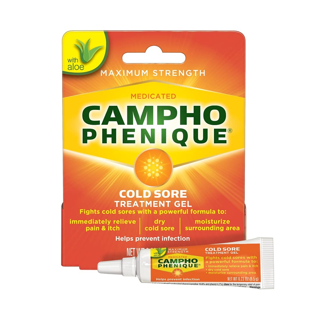 Campho Phenique Cold Sore and Fever Blister Treatment for Lips, Maximum Strength Proporciona un alivio instantáneo, ayuda a prevenir la infección para promover la curación, Original Gel Formula, 0.23 Oz