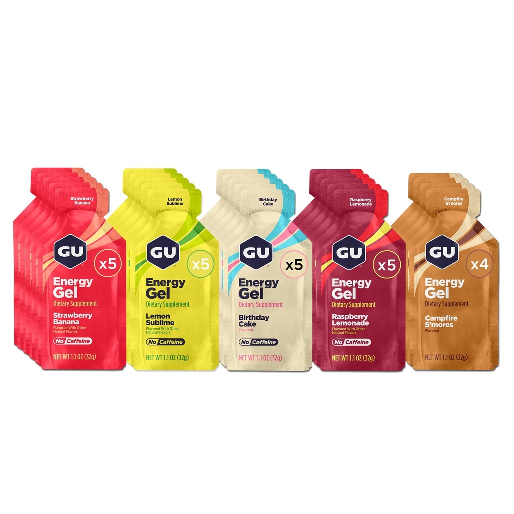 GU Energy Original Sports Nutrition Gels, 24-Count, Vegan, Gluten-Free, Kosher y Dairy-Free On-the-Go Energy for Any Workout, Assorted Caffeine-Free Flavors Variety Pack