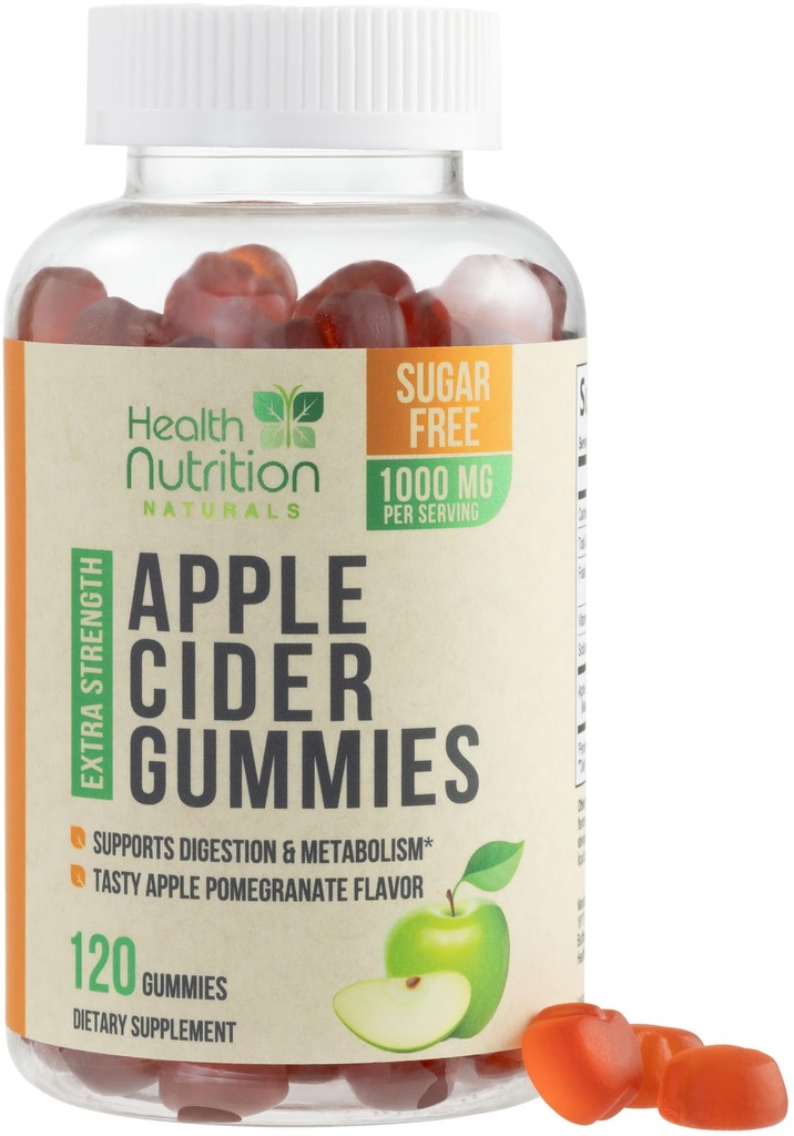 Manzana Vinagre Gummies 1000mg - Max Strength Azúcar Vitaminas de Gummy, soporta el metabolismo y la energía, Keto Friendly, Vitamina B12, Gelatin-Free, Gluten-Free, Vegan &amp; Non-GMO - 120 Gummies