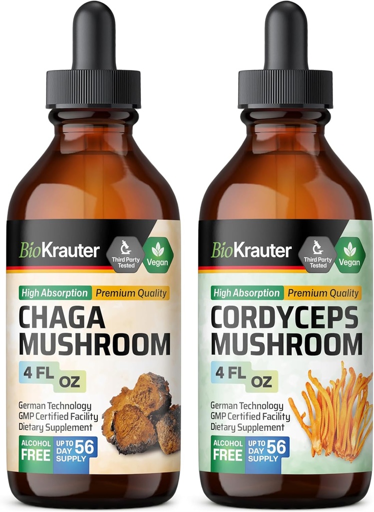 BIO KRAUTER Chaga Mushroom Tintura 4 Fl. Oz. & Cordyceps Mushroom Tincture 4 Fl. Oz.