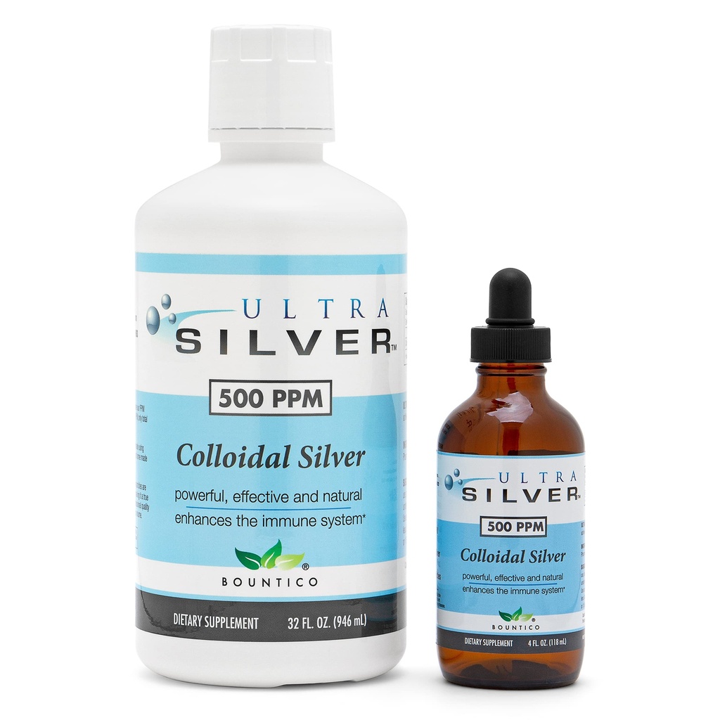 Ultra Silver® Colloidal Silver TENIDO 500 PPM, 32 Oz (946mL) TENIDO Suplemento Mineral TENIDO True Colloidal Silver - 4 oz Dropper Bottle (Empty) Incluido para dispensar!
