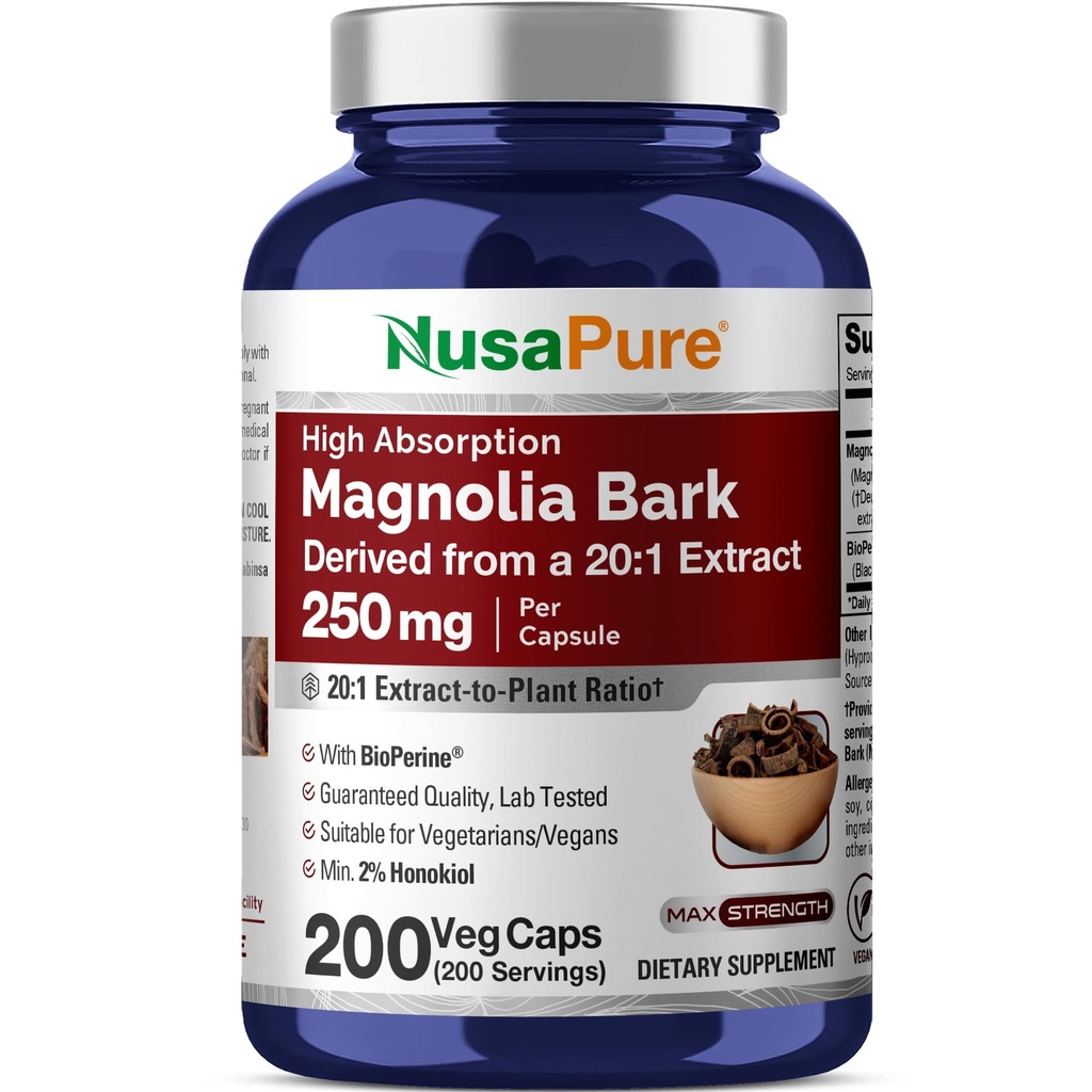NusaPure Magnolia Bark 20:1 Extracto, 250 mg Equivalente a 5.000 mg 200 cápsulas vegetarianas no GMO