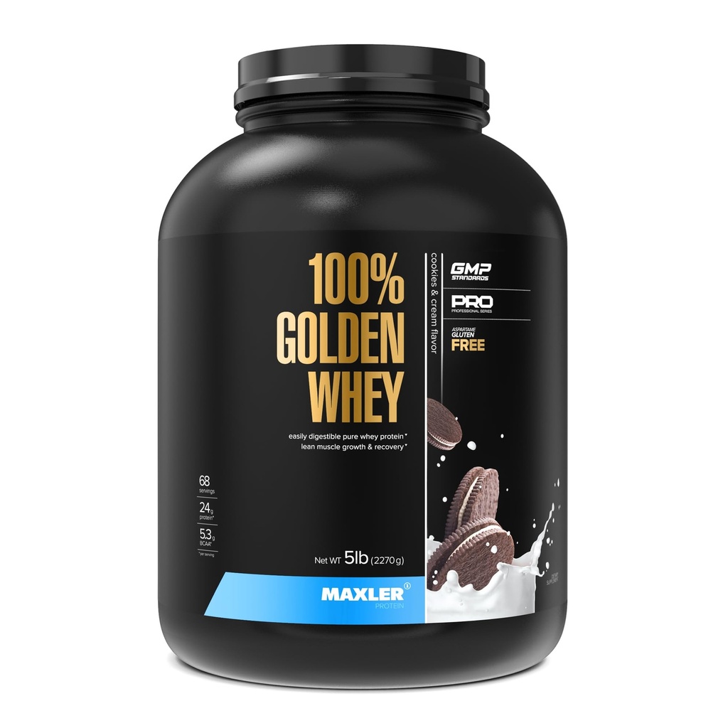 Maxler 100% Golden Whey Protein - 24g de Proteína por Servir - Premium Whey Protein Powder para Pre Post Workout - Fast-Absorbing Whey Concentrate, Isolate & Hydrolysate Blend - Cookies &amp; Cream 5 lb