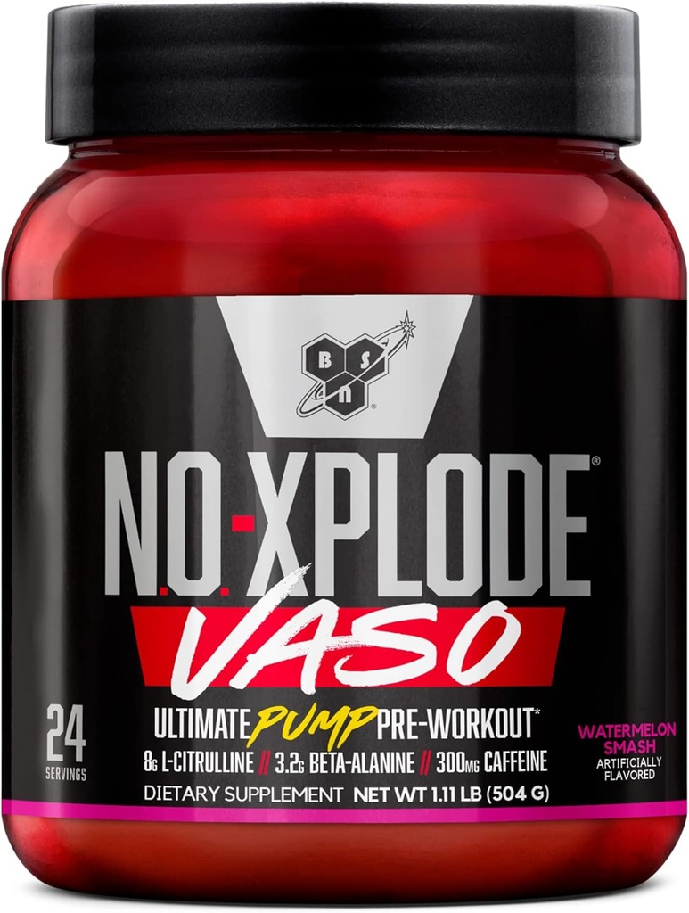 BSN N.O.-XPLODE Vaso Pre Workout Powder con 8g de L-Citrulline y 3.2g Beta-Alanina y Energía, Sabor: Watermelon Smash, 24 Servings