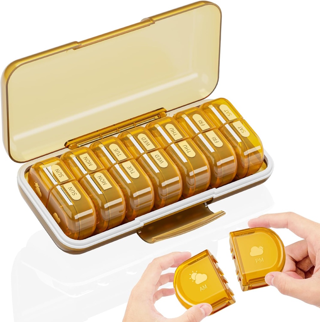 Organizador semanal de píldoras 2 veces al día, gran caja de píldoras de 7 días am - Acedada Twice Daily Pill Case with Detachable Day Night Design, Medicine Container Holder for Vitamin, Fish Oils, Supplements, Amber