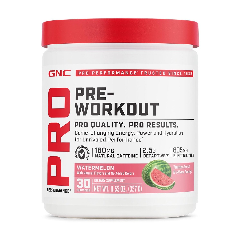 GNC Pro Performance Pre Workout Powder para Hombres y Mujeres, Energía, Hidratación y Focus, Sugar Free, Gluten Free, Performance Supplement, Watermelon, 30 Servings