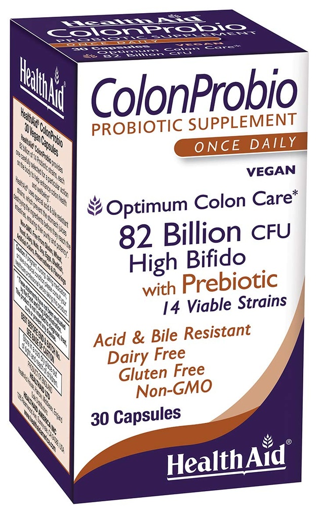 HealthAid ColonProbio 82 Billion with Prebiotic, 14 Strains, Once Daily, 30ct, Optimum Colon Care, Acid &amp; Bile Resistant, Dairy Free, Gluten Free, Non-GMO