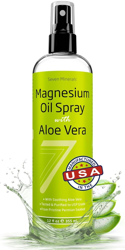 Siete Minerales Puro Aceite de Magnesio con Aloe Vera 12oz - Farmacéutico (USP) Grado, Fuerza más alta con Alivio Inmediato para Pies, Dormir, Dolor de Musculo & Cramps - Mined in The USA