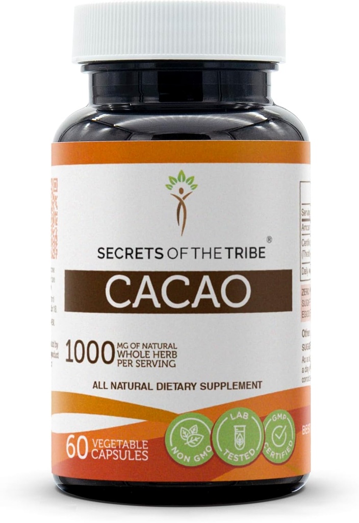 Cacao 60 cápsulas, 1000 mg, Cacao (Theobroma Cacao) frijoles crudos secos (60 cápsulas)