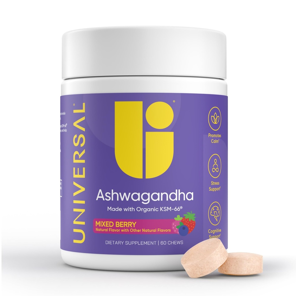 Ashwagandha KSM-66 Chews - Daily Stress, Cognitive Function and Mood Support Chewable Supplement, Bioavailable Full Spectrum KSM66 Ashwagandha Root Extract, Calm &amp; Relax – Mixed Berry, 60 Count