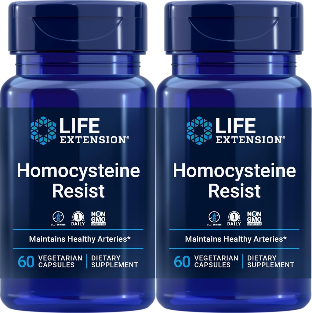 Extensión de la vida Homocysteine Resist, 60 cápsulas vegetarianas (Pack of 2) Vitamin B2, B6 & B12 + Folate - Once-Daily, Non-GMO, Gluten-Free