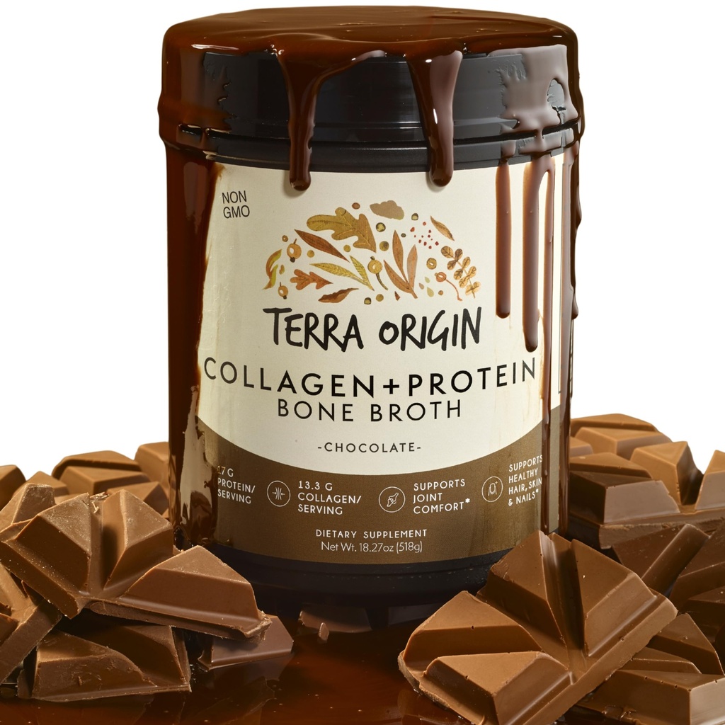 TERRA ORIGIN Collagen Peptides Powder | Bone Broth Hydrolized Collagen Type I and III Protein Supplement | for Women and Men Hair, Skin, Nail and Joint Support | Chocolate (20 Servings)