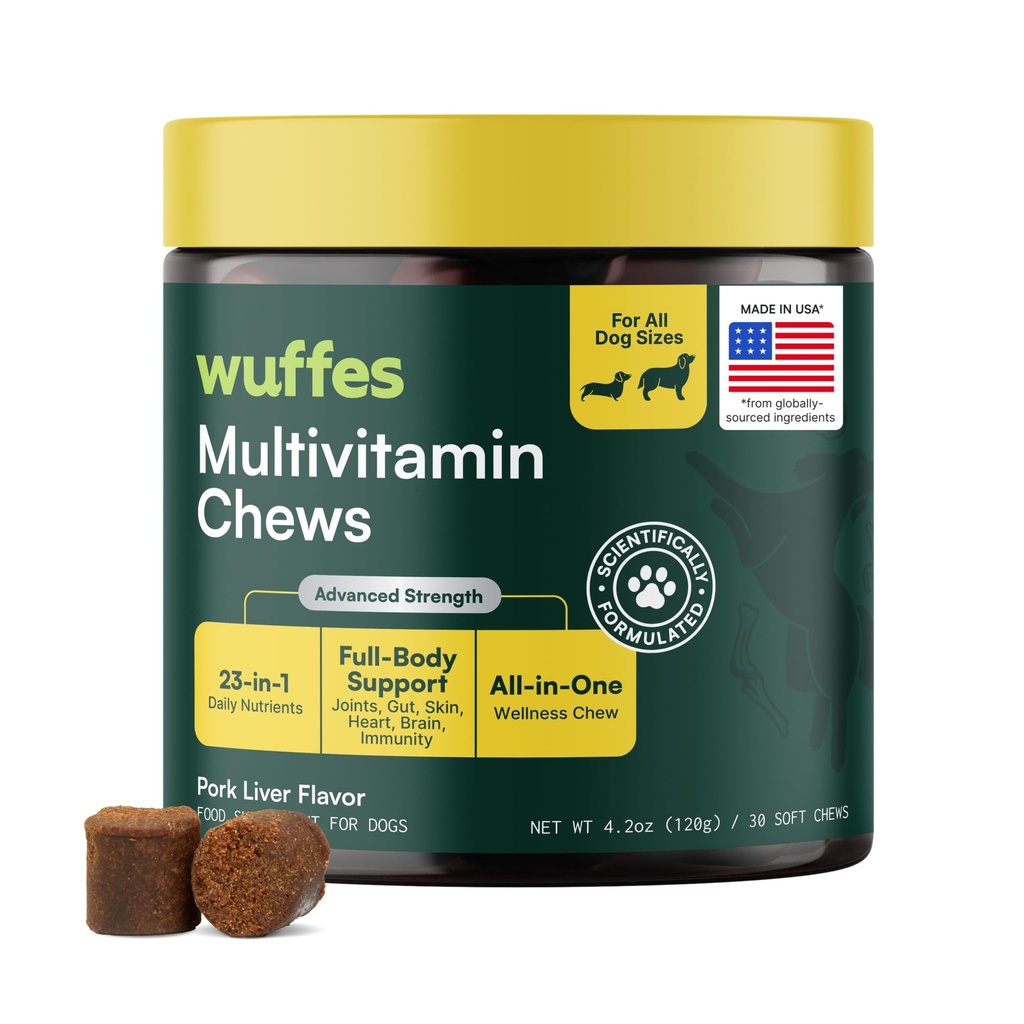 Wuffes 23-in-1 Suplemento multivitamínico para Hip " Conjunto, piel " y sistema inmunológico Soporte con Omega 3, hierro, zinc, vitamina C - Minerales " Vitaminas para perros mayores y cachorros - 30 cerdas blandas