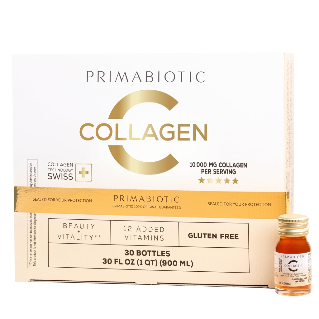 Collagen líquido PRIMABIOTIC - alto contenido de colágeno [10.000 Mg] Por servicio - colágeno hidrolizado y 12 vitaminas - Gluten libre- 900 Ml - paquete de 30 botellas x 30 Ml (1)