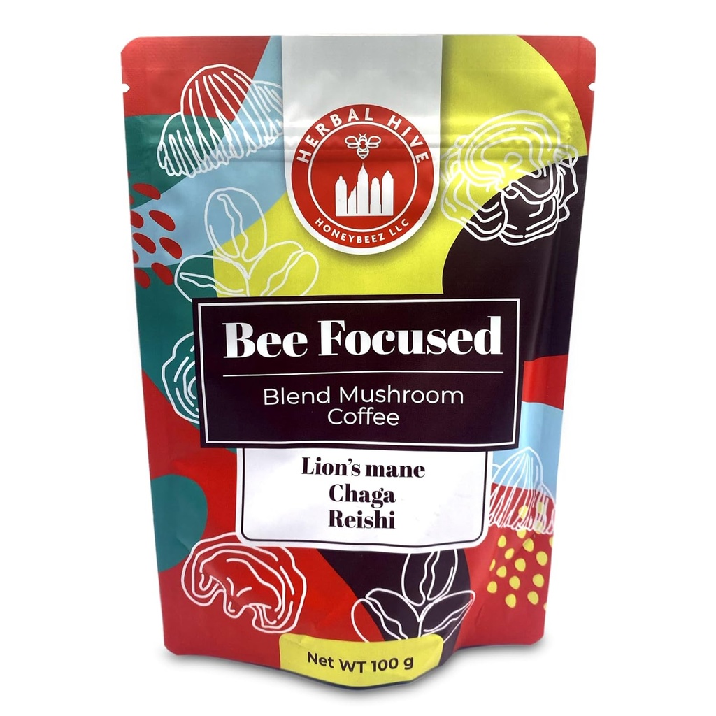 Café de hongos de Herbal Hive Bee Focused Incluye Adaptogens Reishi, Lion's Mane y Chaga Superfood Low Acid Instant 30 Servimientos (3.5 oz, Dark Roast)