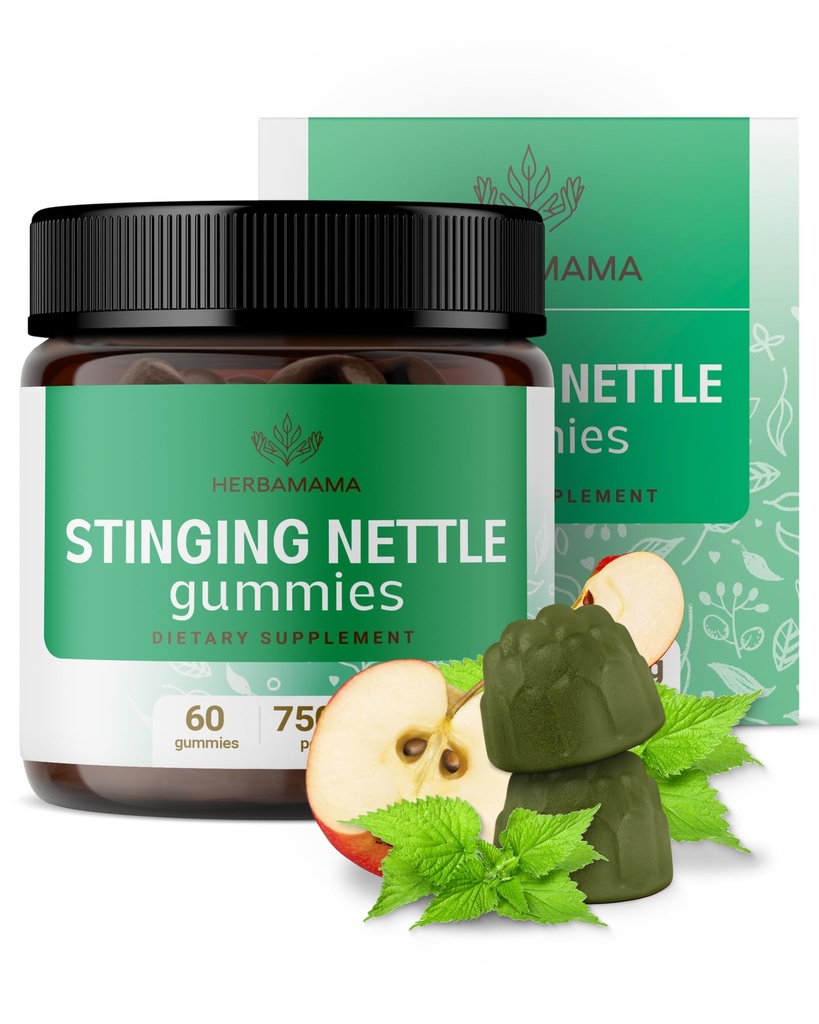 HERBAMAMA Stinging Nettle Gummies - Stinging Nettle Root Extract for Urinary Tract Support for Women & Men - Vegan, Non-GMO Urtica Dioica Supplement - 60 Pectin-Based Apple-Flavored Chews