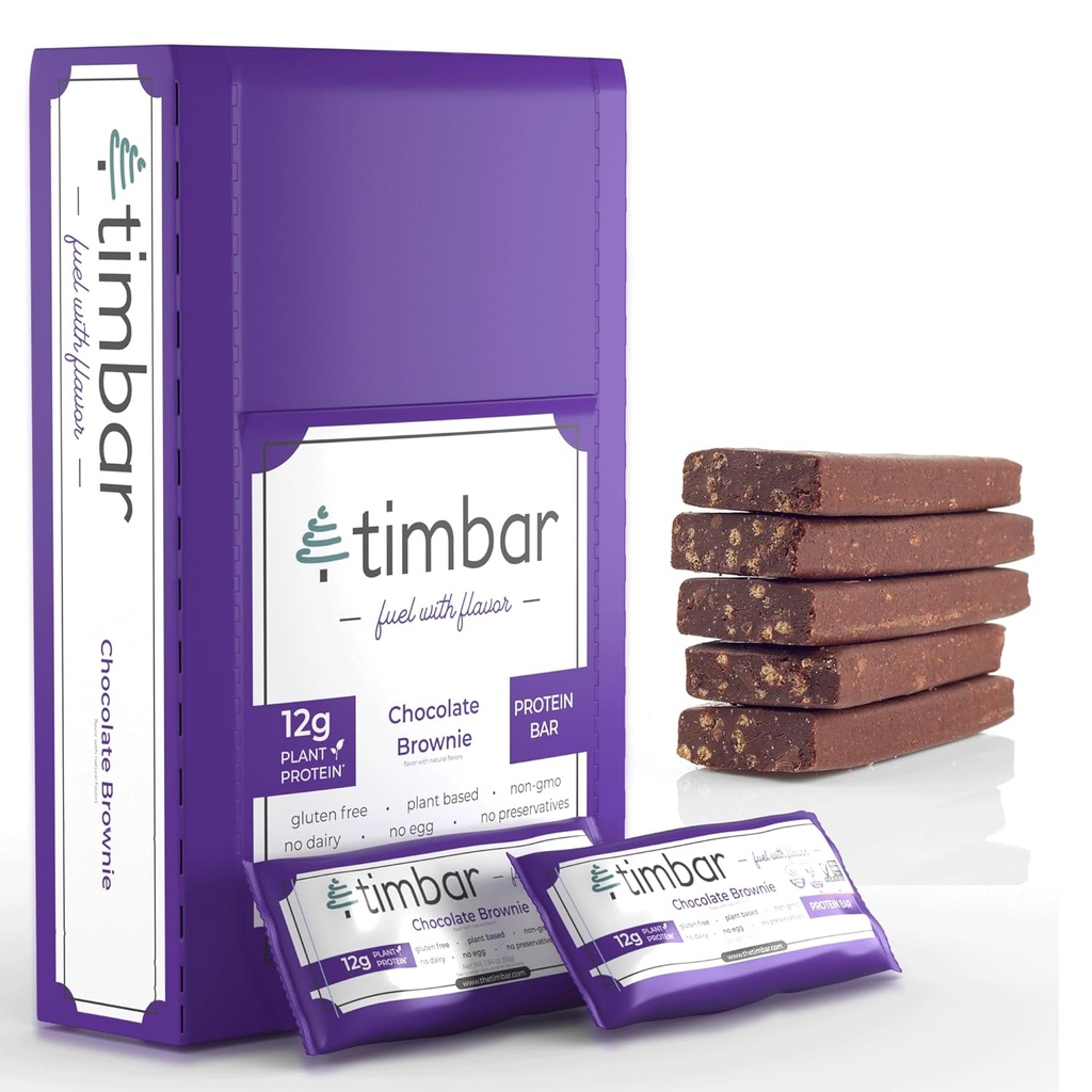 Timbar Protein Bares 12 Pack ← 12g Protein &amp; 9g Fiber Plant Based- Energy & Nut Bars TEN Gluten Free, Non-GMO, Dairy Free, Healthy On-the-Go Snack & Meal Replacement (12 Packs, Chocolate Brownie)