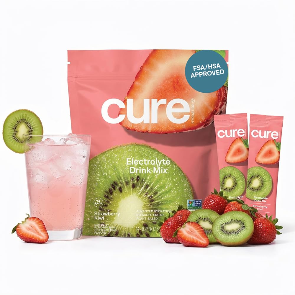 Cure Hydration ¦ Plant-Based Electrolyte Drink Mix ← No Añadido Sugar ← FSA-HSA ← Dehydration Relief Powder Made with Coconut Water ← Non-GMO Silencio Vegan tención Pouch of 14 Packets - Strawberry Kiwi