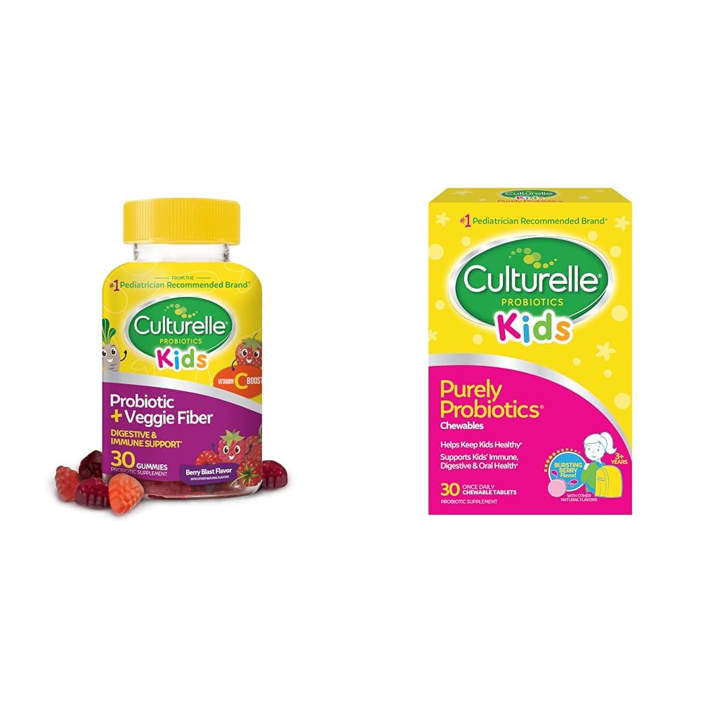 Culturelle Daily Probiotic for Kids + Veggie Fiber Gummies (Ages 3+) - 30 Count " Kids Chewable Daily Probiotic for Kids, Ages 3+, 30 Count, #1 Pediatrician-Recommend