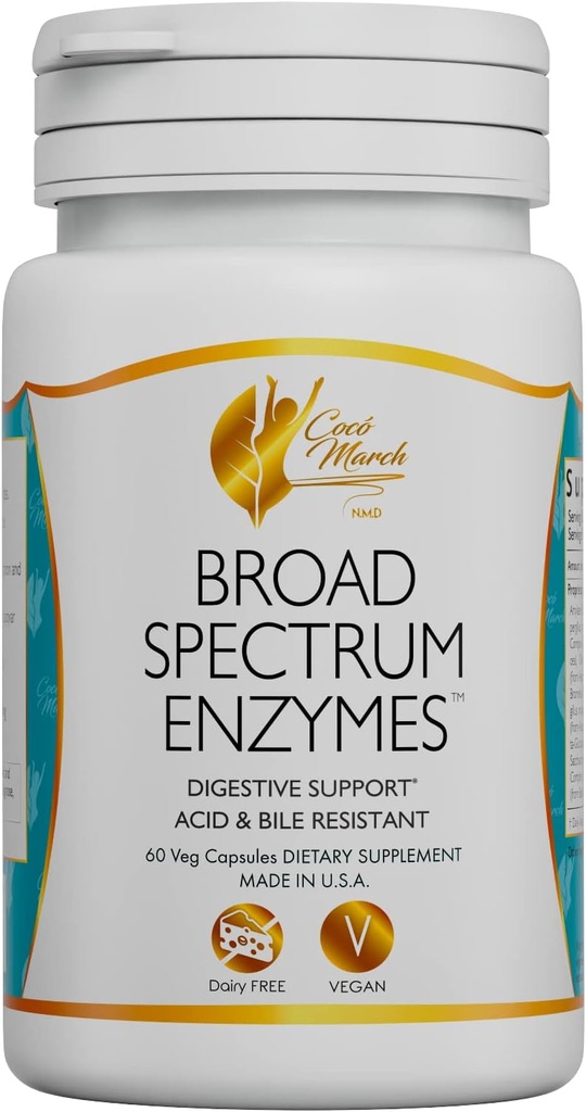 Cocó March N.M.D Broad Spectrum Enzymes- 18 Enzymes for Gluten-Lactose-Digestive Support -Adult & Children Acid and Bile Resistant - Dairy Free, Vegan, 460 mg Proprietary Blend, 60 cápsulas