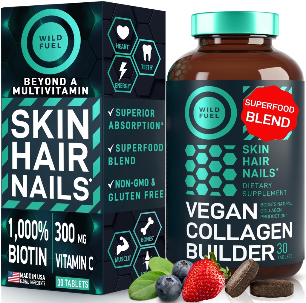 WILD FUEL Vegan Collagen Builder - Biotina, Superalimentos orgánicos, Aminoácidos Glycine, Lysine, Proline Plant-Based Collagen Booster Suplementos - 30 Organic Extract Tablets