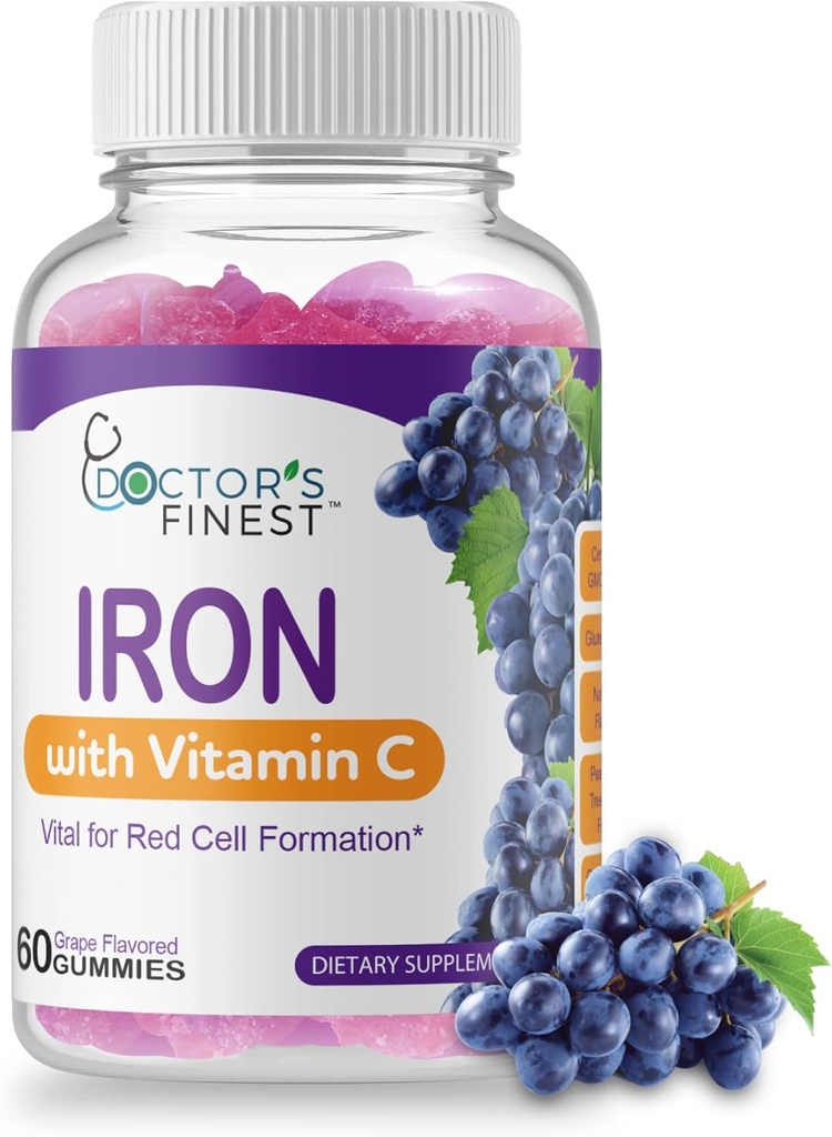 Médicos Ordenes Hierro 10 mg Vitamina C Gummies, Vegetariano GMO-Free, Gran sabor a la uva natural de sabor vitaminas, Suplemento dietético, Formación de células rojas, para adultos y niños, 60 Gummies