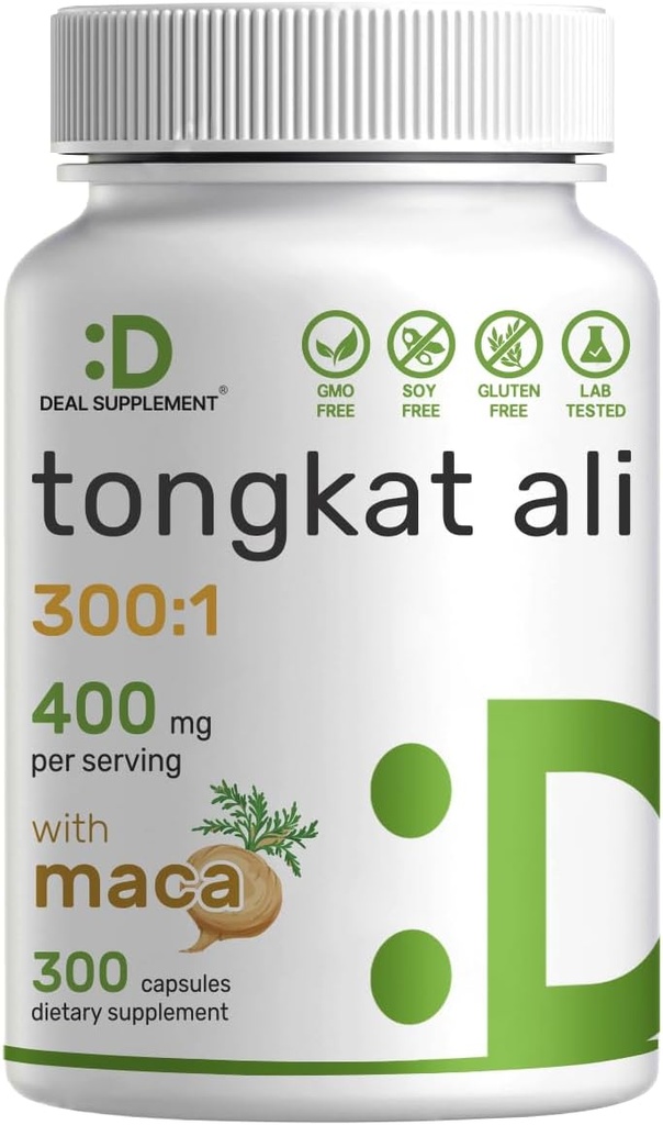 DEAL SUPPLEMENT Tongkat Ali Extract 300:1 400mg &amp; Maca Root 400mg tención 300 cápsulas, Ultra Strength Longjack (Eurycoma Longifolia) + Perú Maca – Non-GMO, Suplemento Herbal para Hombre Salud, Rendimiento